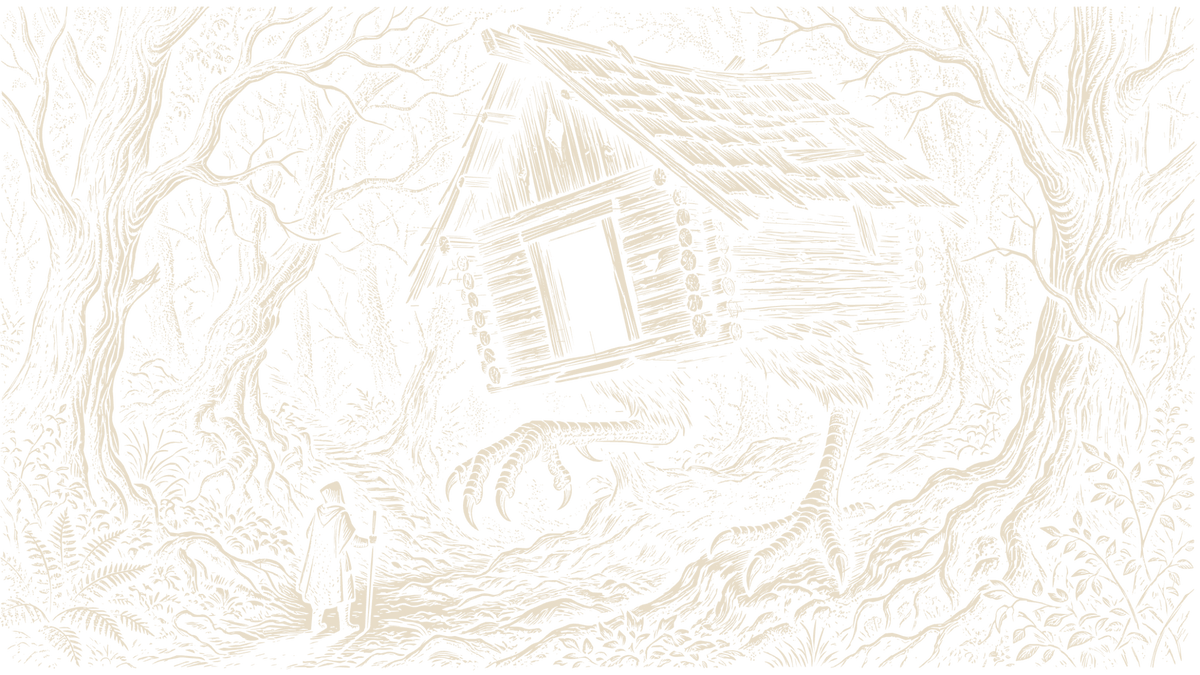 Baba Yaga’s wooden hut on chicken legs turns toward a lone traveler in a forest clearing.