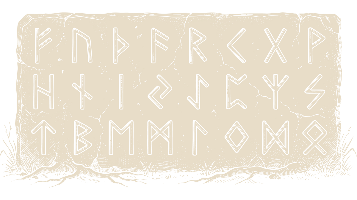 Twenty-four Elder Futhark runes arranged in three rows on a weathered stone slab, with roots and grass at its base.
