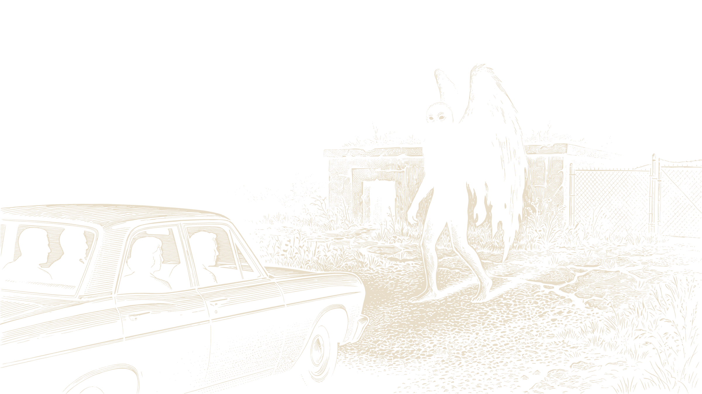 Four witnesses in a 1960s sedan watch a dark, winged Mothman figure cross a cracked road beside an abandoned concrete bunker.