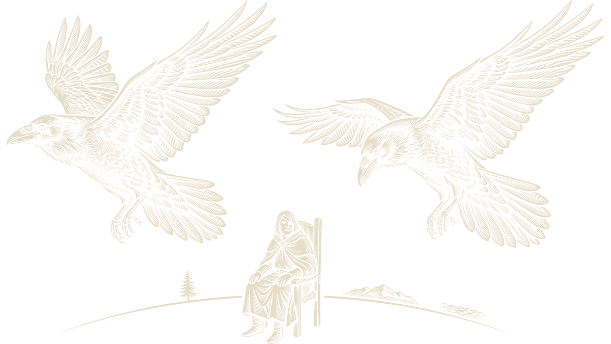 Wood engraving of two equal-sized ravens flying on opposite arcs above a seated one-eyed wanderer, one bird departing and the other returning toward his shoulders.