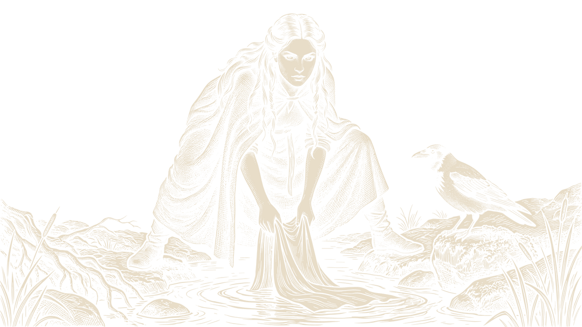 The Morrigan washing a pale cloth in a rocky stream, with a hooded crow perched on a boulder beside her.