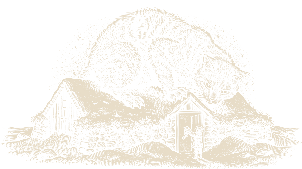 Wood-engraving of a giant cat crouched on a snowy turf roof as a child at the door holds up a sock, in bone ivory on black.