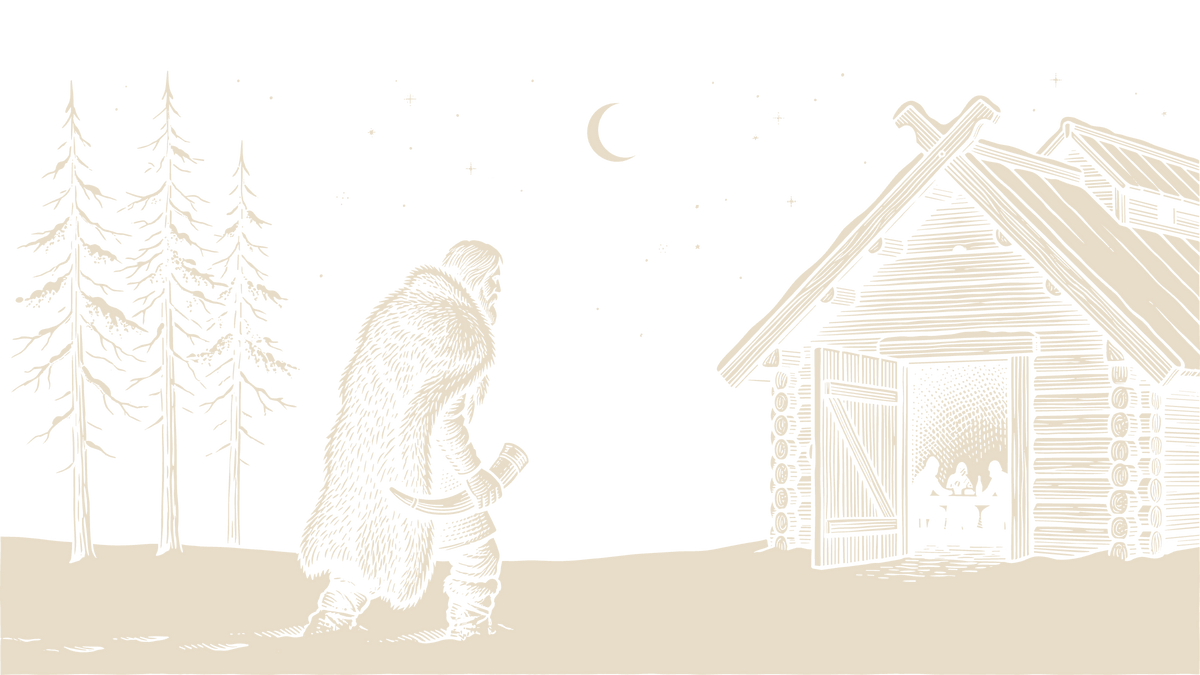 Black and ivory linocut of a fur-cloaked man carrying a drinking horn through snow toward a lit log cabin at night.