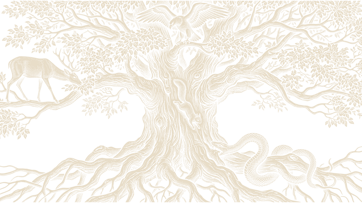 Wood engraving of a wide ash tree with an eagle at the top, a stag biting the leaves, a squirrel on the trunk and a serpent in the roots.
