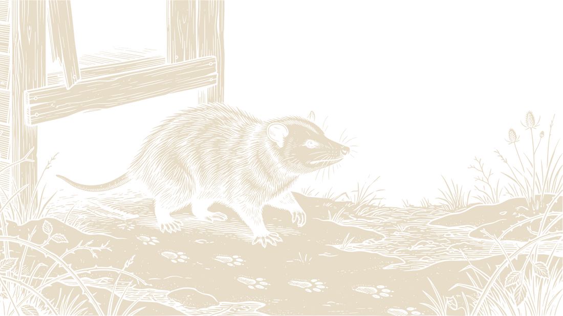 Black-and-ivory linocut illustration of an opossum leaving a boarded wooden shelter and walking across patchy snow.