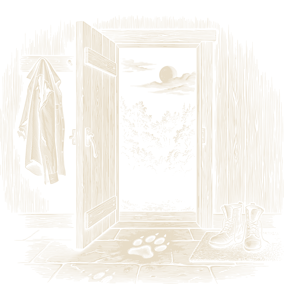 Wood-engraving of a cottage back door standing open at night, a torn shirt hanging from a wall peg, empty boots left by the threshold and a single clawed paw print on the flagstone floor, a dark treeline and waning moon beyond, in bone ivory on black.