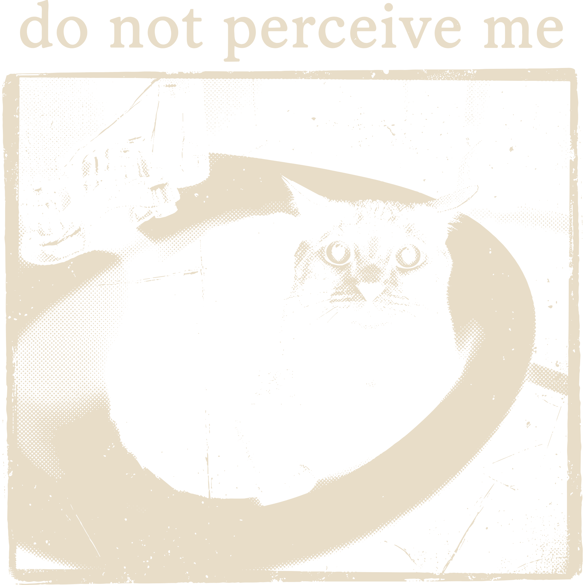 Black and ivory halftone print of a wide-eyed cat sitting in a bathroom sink under the words do not perceive me.