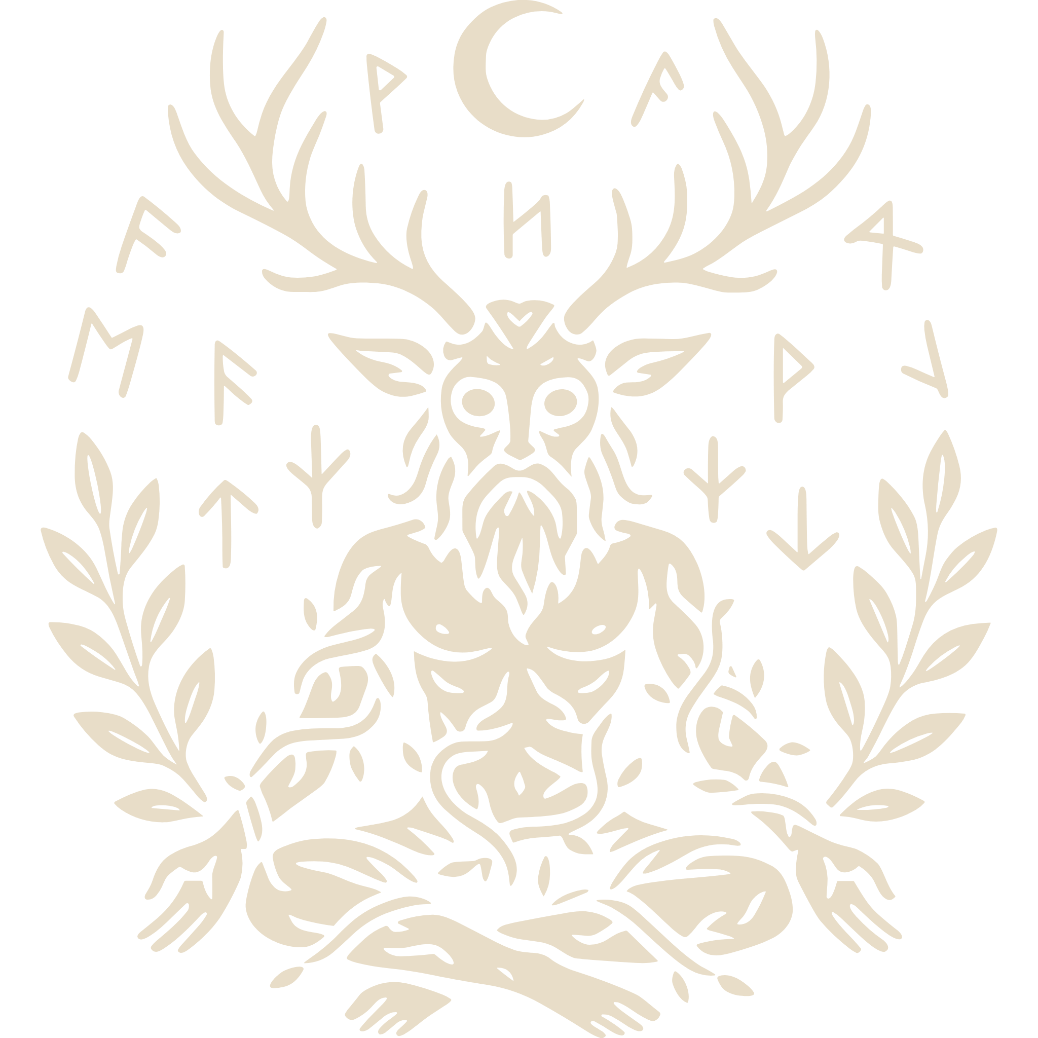 Black and ivory linocut illustration of a horned, antlered nature god seated in meditation, surrounded by runes, a crescent moon, and laurel branches.