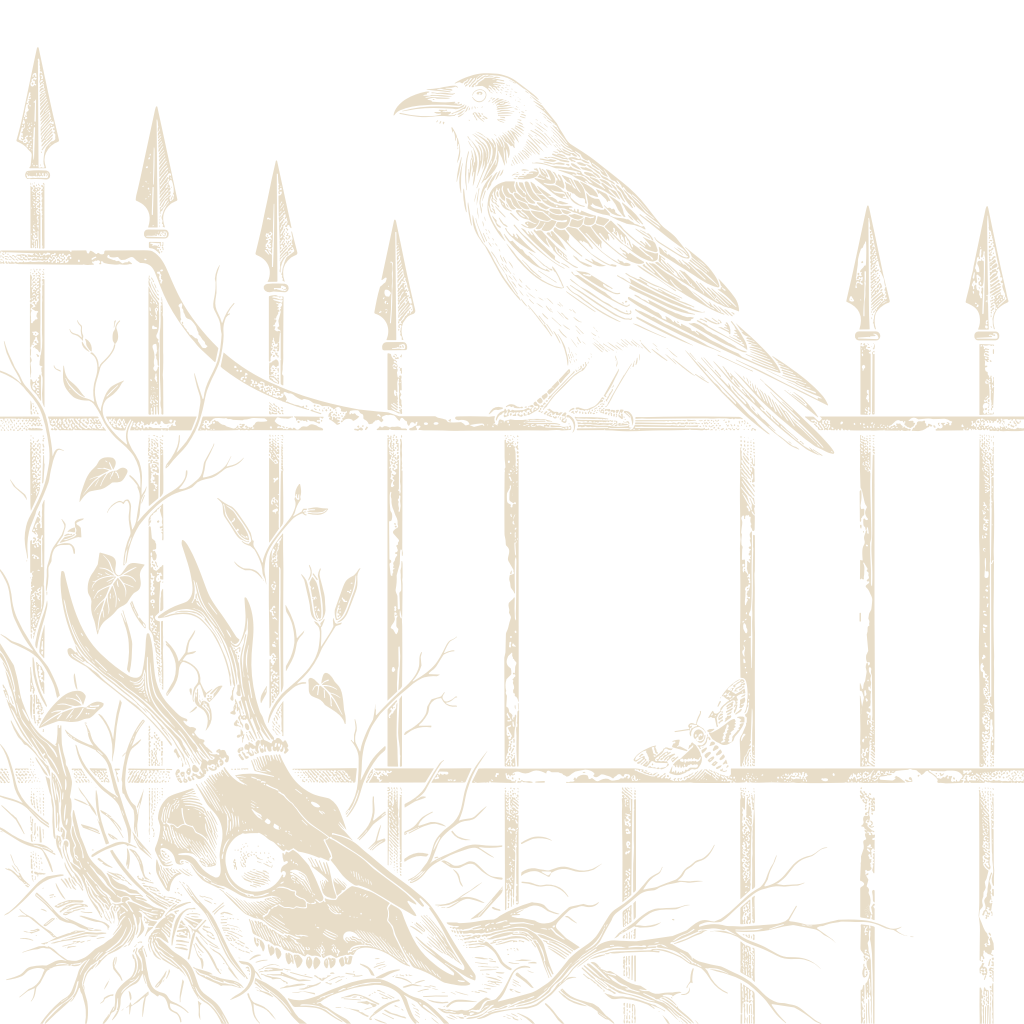 Wood-engraving of a raven perched on a wrought-iron fence above a deer skull with antlers tangled in ivy, a moth resting on the rail, in bone ivory on black.