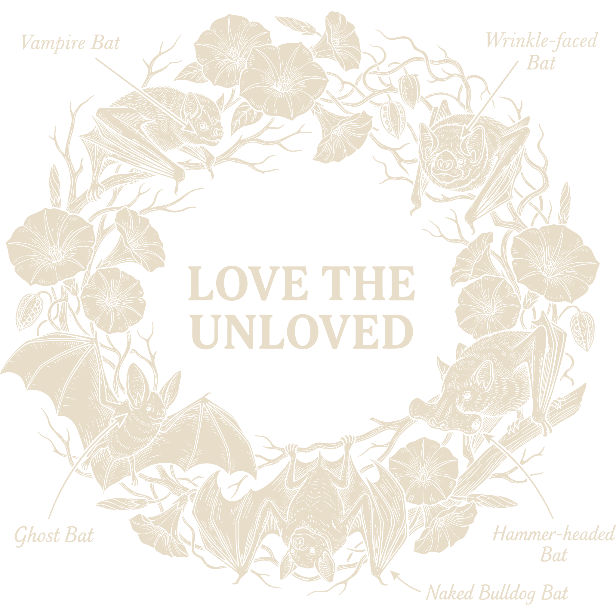 Black and ivory wreath of night-blooming flowers and five labeled bat species around the words Love the Unloved.