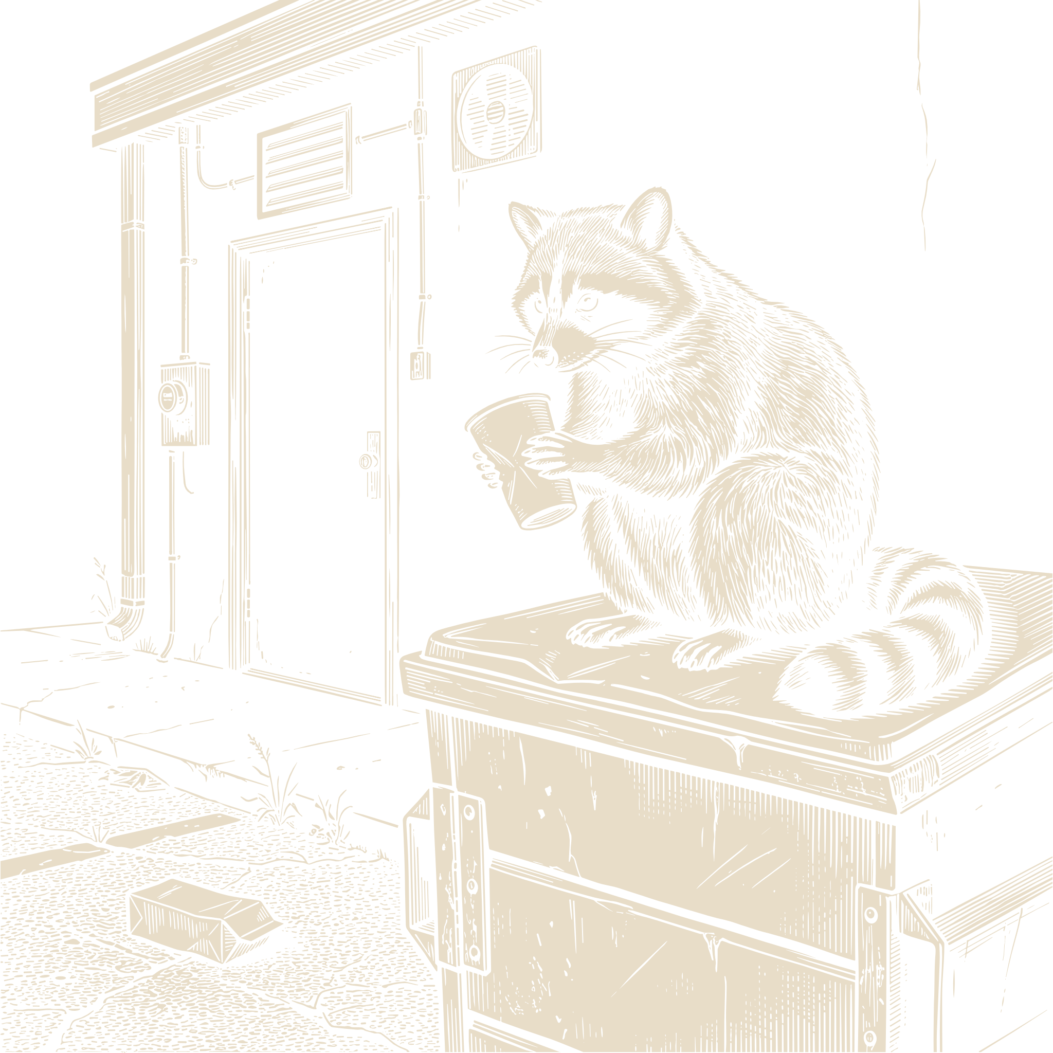 Wood-engraving of a raccoon sitting atop a dumpster, drinking from a to-go cup outside a back door, in bone ivory on black.