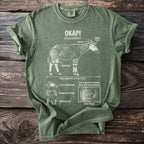 Green t-shirt with line art and facts about the Okapi animal.