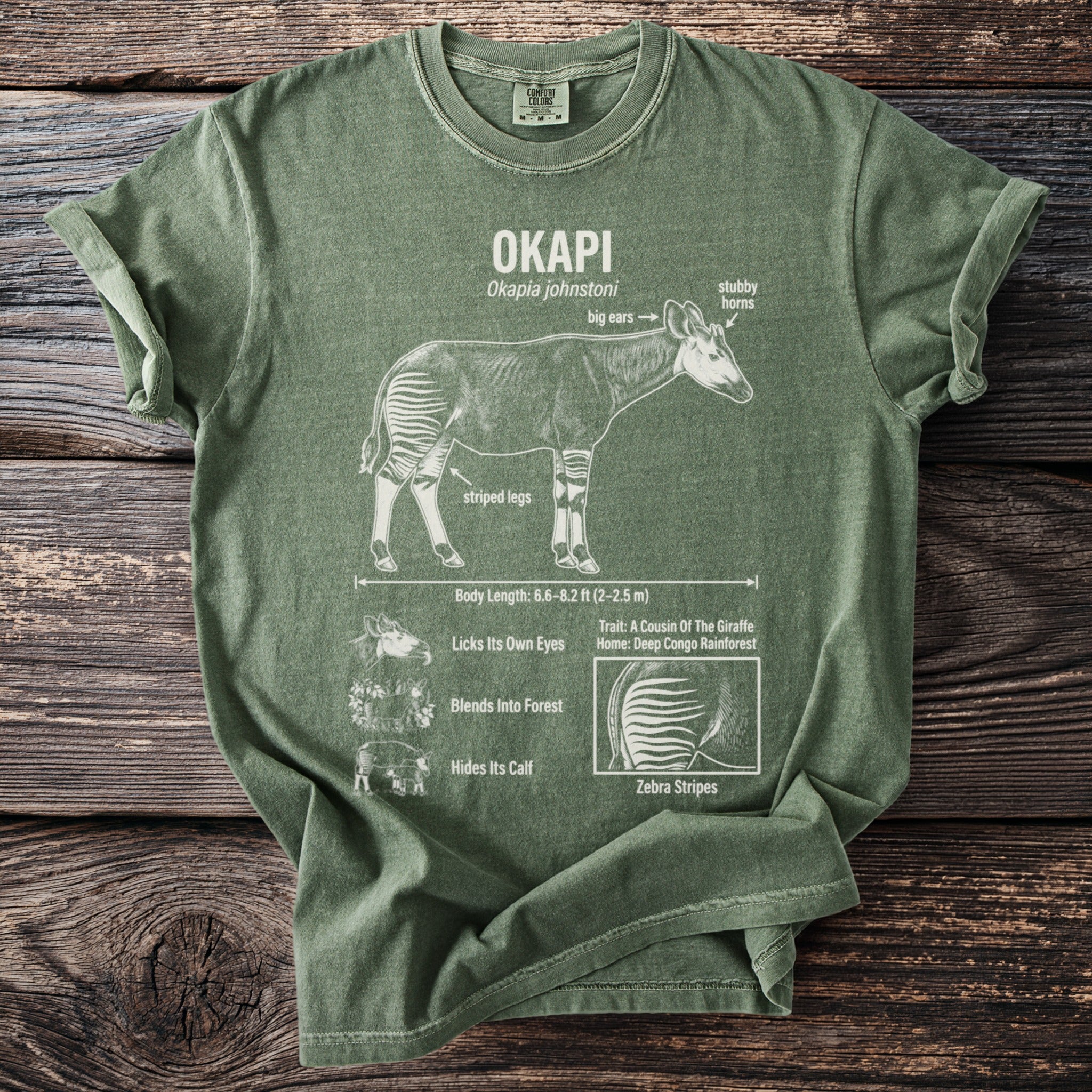 Green t-shirt with line art and facts about the Okapi animal.