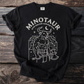 Black t-shirt with white line art of a minotaur holding an axe and the text "minotaur greek labyrinth mythology beast."