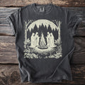 Dark gray t-shirt with a cream graphic of cloaked figures around a campfire in a forest.