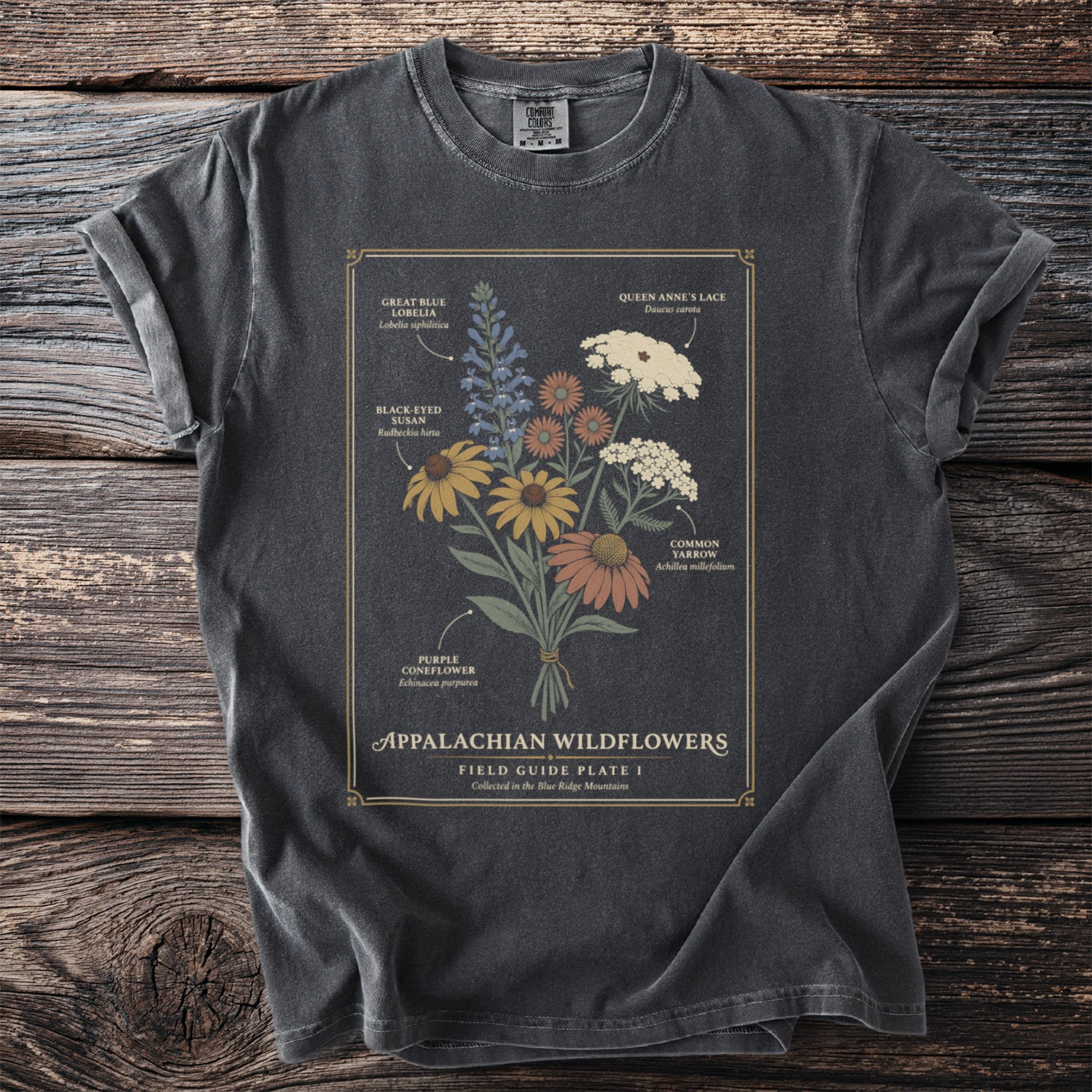Dark grey t-shirt featuring Appalachian Wildflowers field guide botanical illustration.