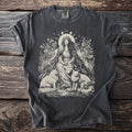T-shirt with a woman, two cats, and floral moon phase design.