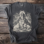 T-shirt with a woman, two cats, and floral moon phase design.