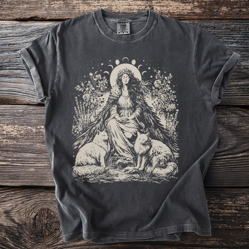 T-shirt with a woman, two cats, and floral moon phase design.