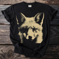 Black t-shirt with a stylized golden fox face graphic, Comfort Colors label visible.