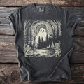 Dark gray t-shirt with a cream linocut design of a ghost in a dark forest.