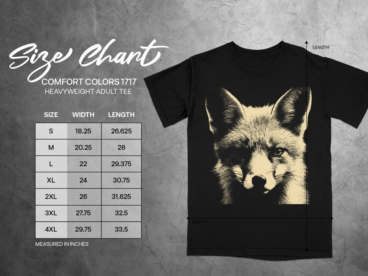 Black t-shirt size chart for Comfort Colors 1717 heavyweight adult tee.