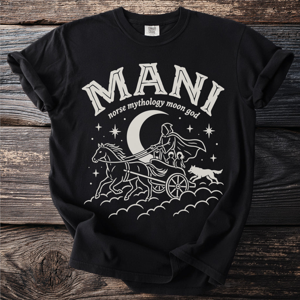 Black t-shirt with "MANI norse mythology moon god" and celestial chariot design.