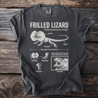 Charcoal t-shirt with FRILLED LIZARD diagram, scientific name, and biological details.