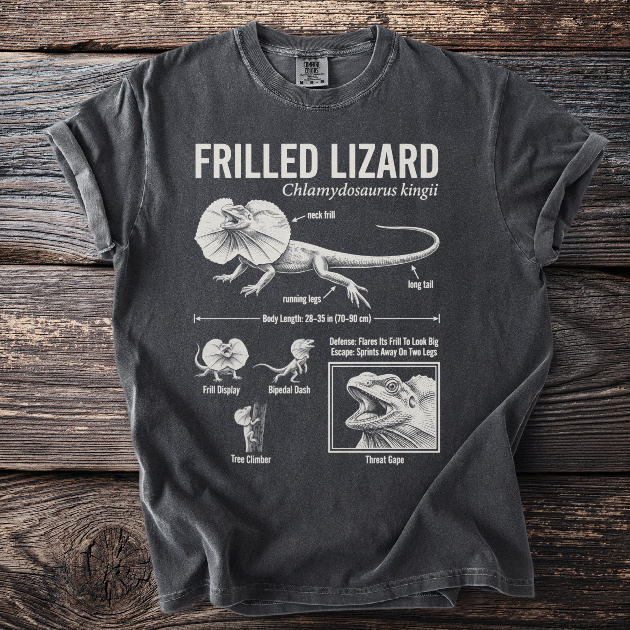 Charcoal t-shirt with FRILLED LIZARD diagram, scientific name, and biological details.