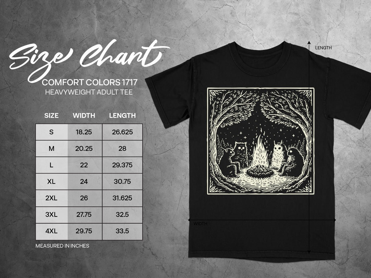 Comfort Colors 1717 heavyweight adult tee size chart with width and length measurements in inches.
