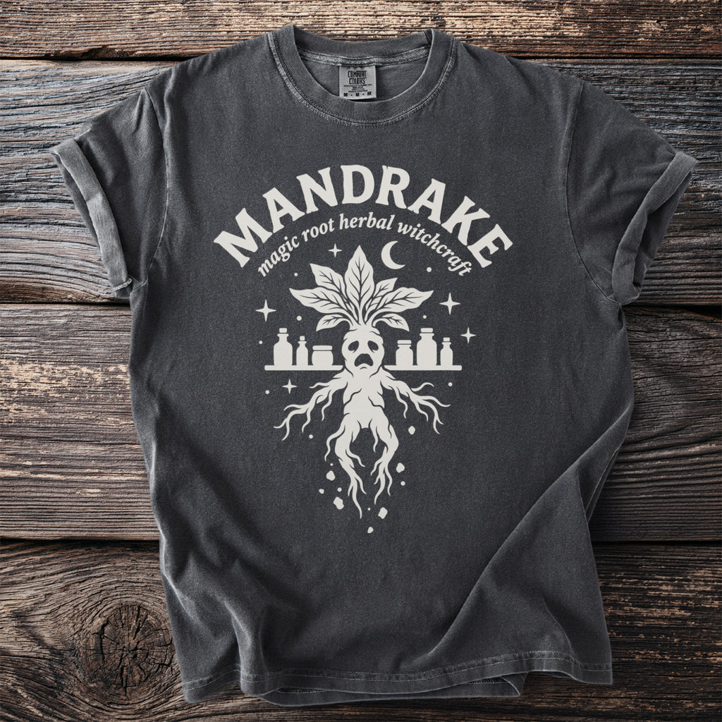 Charcoal t-shirt with a white graphic of a mandrake and potion bottles.