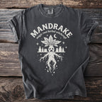 Charcoal t-shirt with a white graphic of a mandrake and potion bottles.