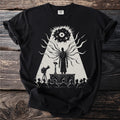 Black t-shirt with a surreal illustration of a figure with tentacles and an eye in the sky.