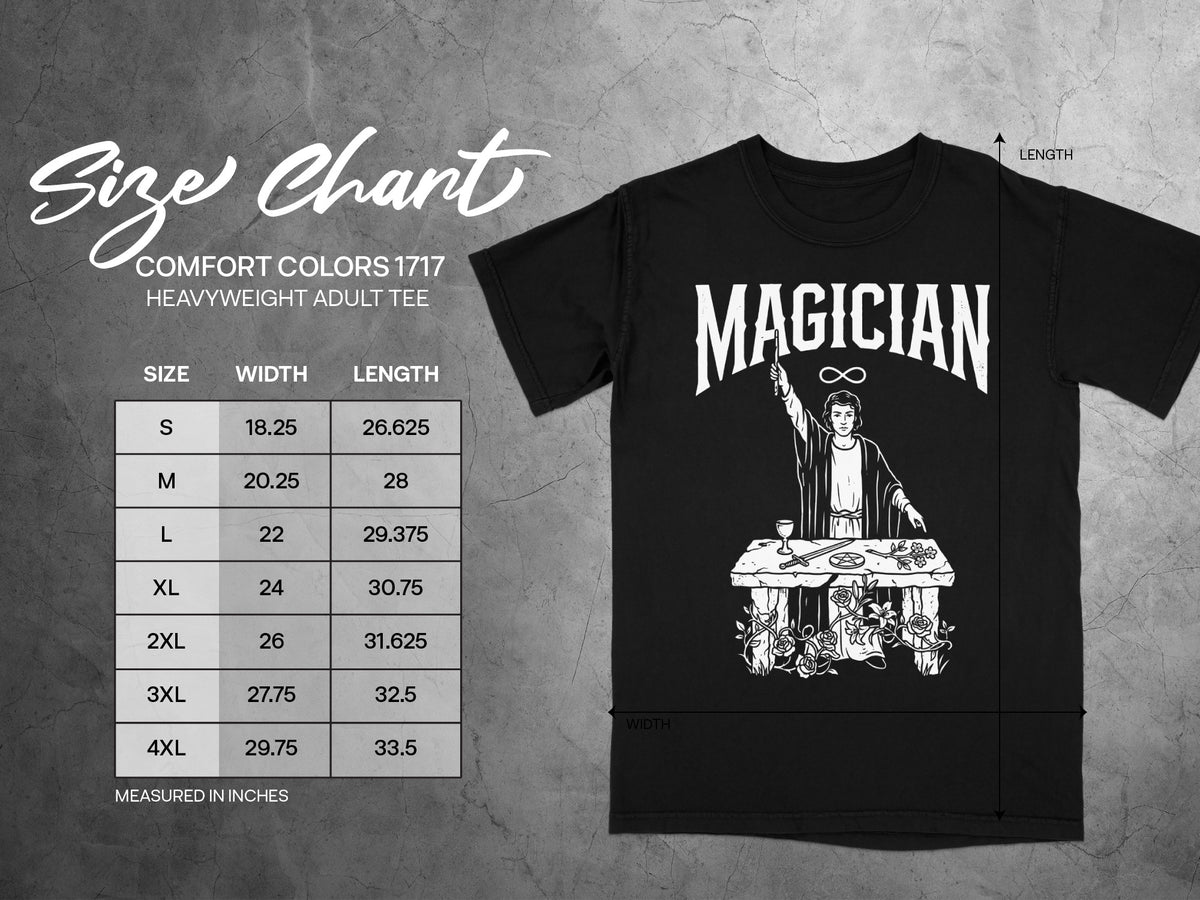 Size chart for black Comfort Colors 1717 heavyweight adult tee with magician graphic.