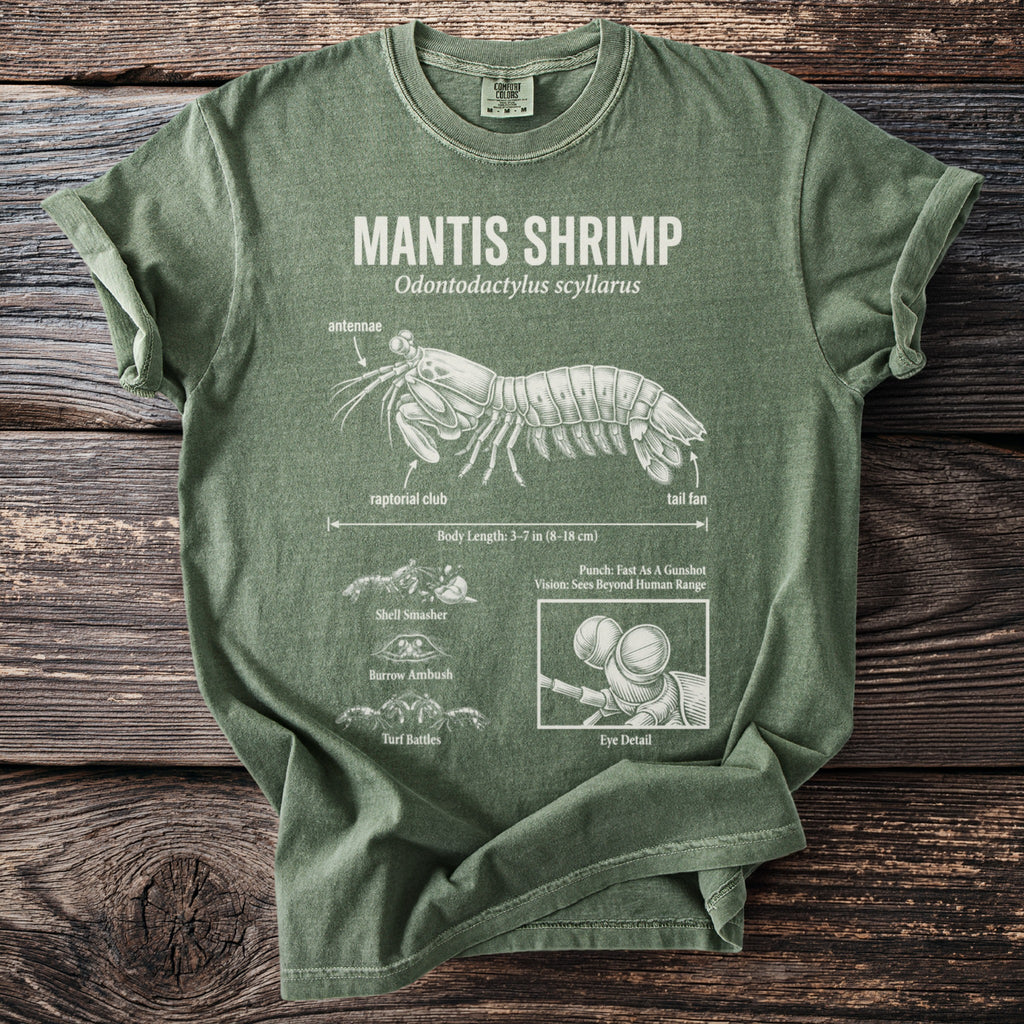 Green shirt with Mantis Shrimp illustration and anatomical labels and details.