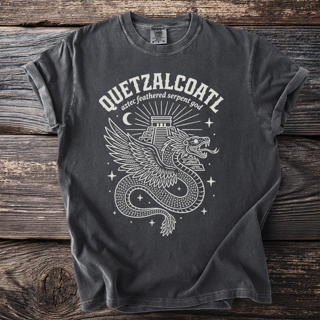 Dark grey t-shirt with white Quetzalcoatl Aztec feathered serpent god graphic.