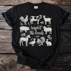 Black t-shirt with farm animals and the text "respect the locals."