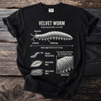 Black t-shirt with velvet worm diagram and facts including slime jets and habitat.