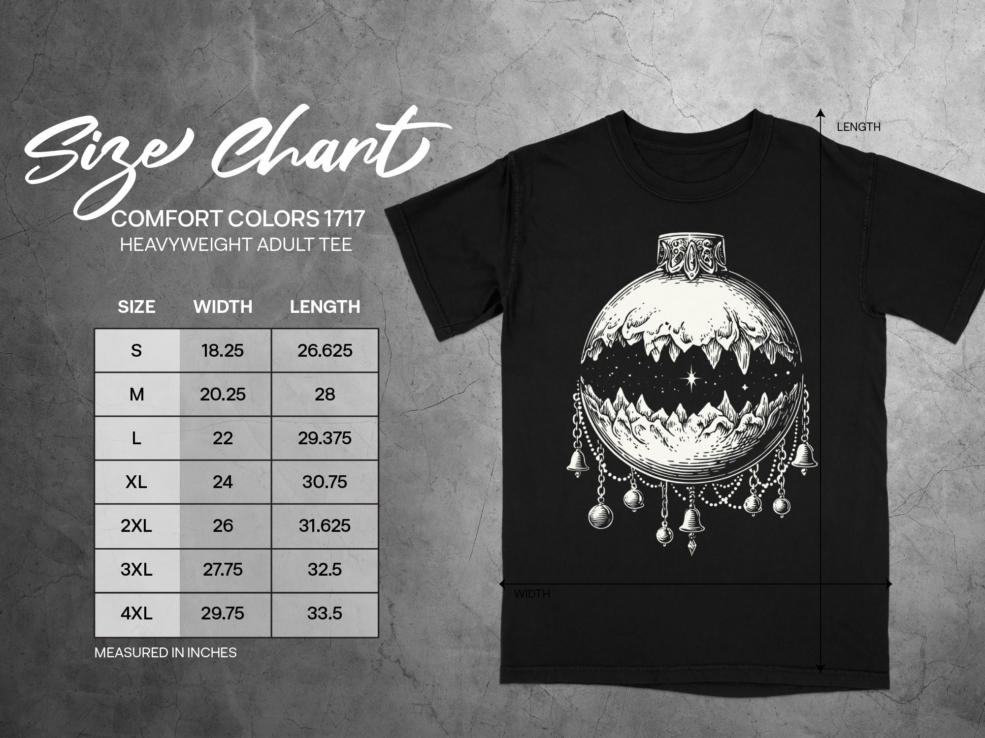 Comfort Colors 1717 t-shirt size chart with width and length measurements.