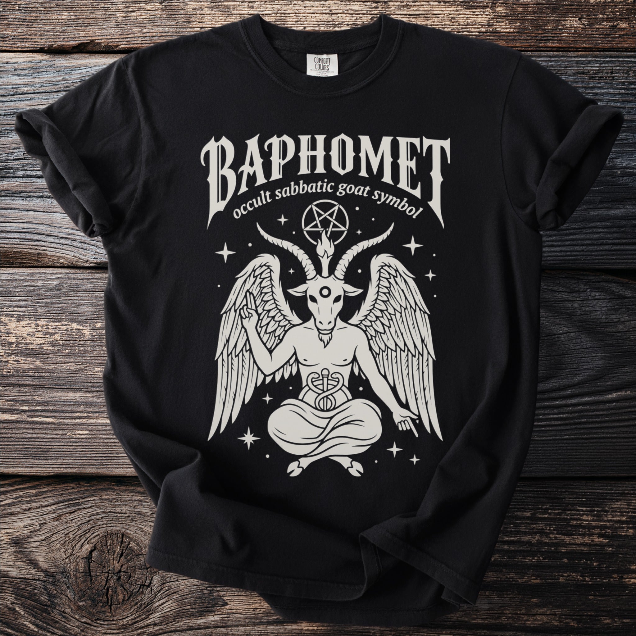 Black t-shirt with Baphomet occult symbol, wings, and pentagram design.
