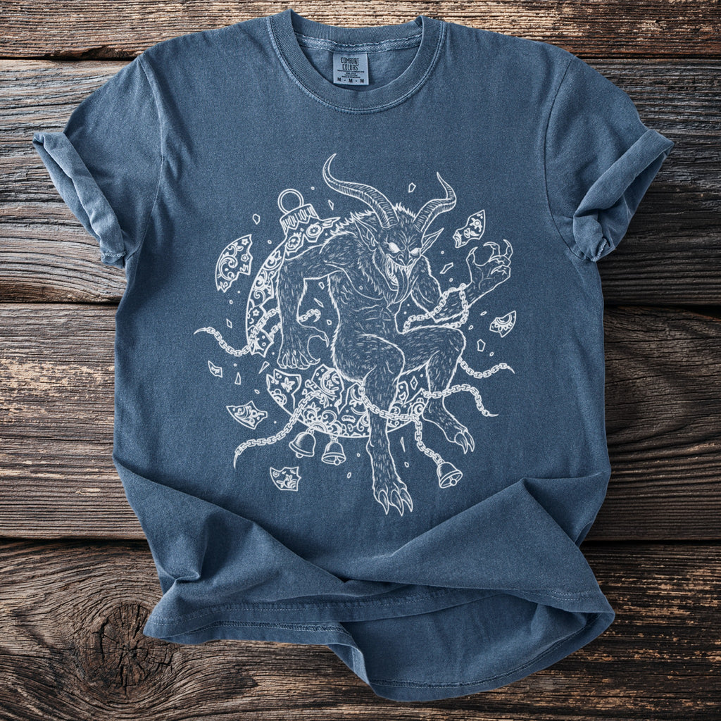 Blue t-shirt with a white line drawing of a horned demon entangled in chains and bells.