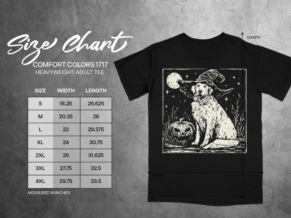 Black t-shirt size chart for Comfort Colors 1717 heavyweight adult tee.