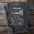 T-shirt with diagram of a striped skunk, its features, and behaviors.