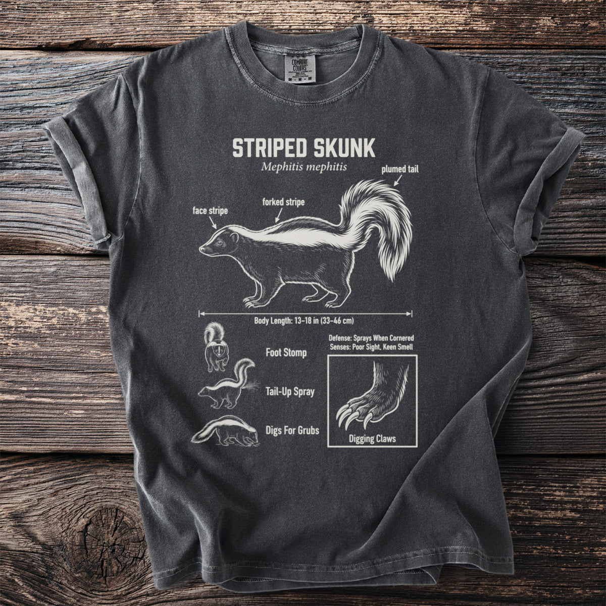 T-shirt with diagram of a striped skunk, its features, and behaviors.