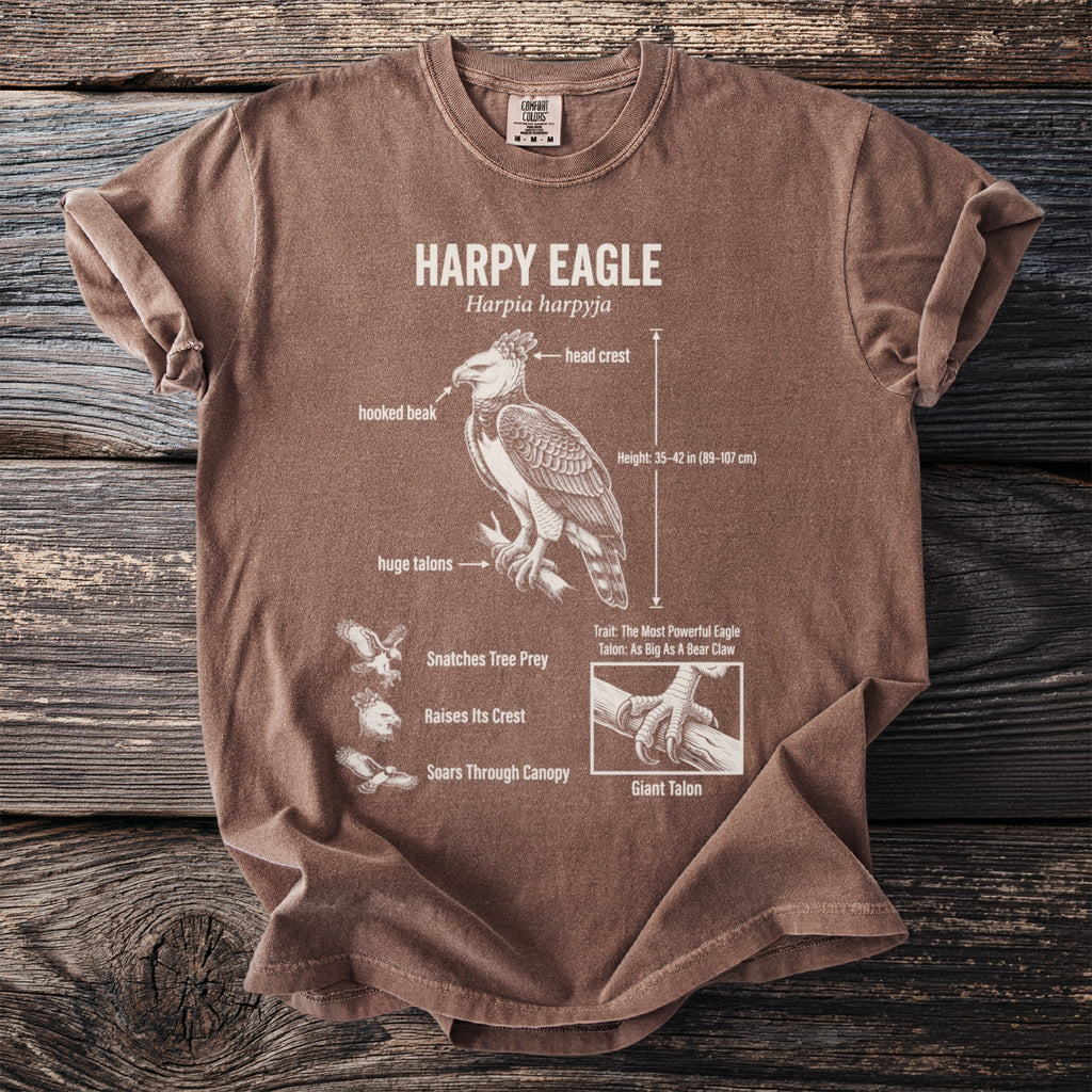 Brown t-shirt with Harpy Eagle illustration and anatomical labels.