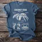 T-shirt with diagram of coconut crab, its anatomy, and facts.