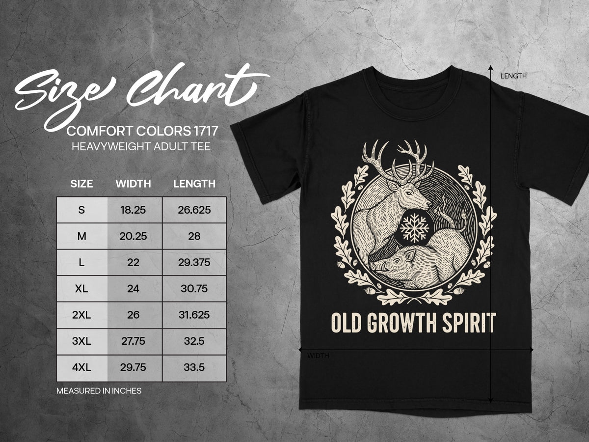 Size chart for Comfort Colors 1717 heavyweight adult tee with "Old Growth Spirit" graphic.