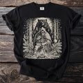 Black t-shirt with a linocut-style print of a Viking and a bear in a forest.