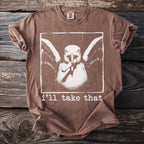 Brown t-shirt with a white graphic of a seagull holding chopsticks and the text "i'll take that".