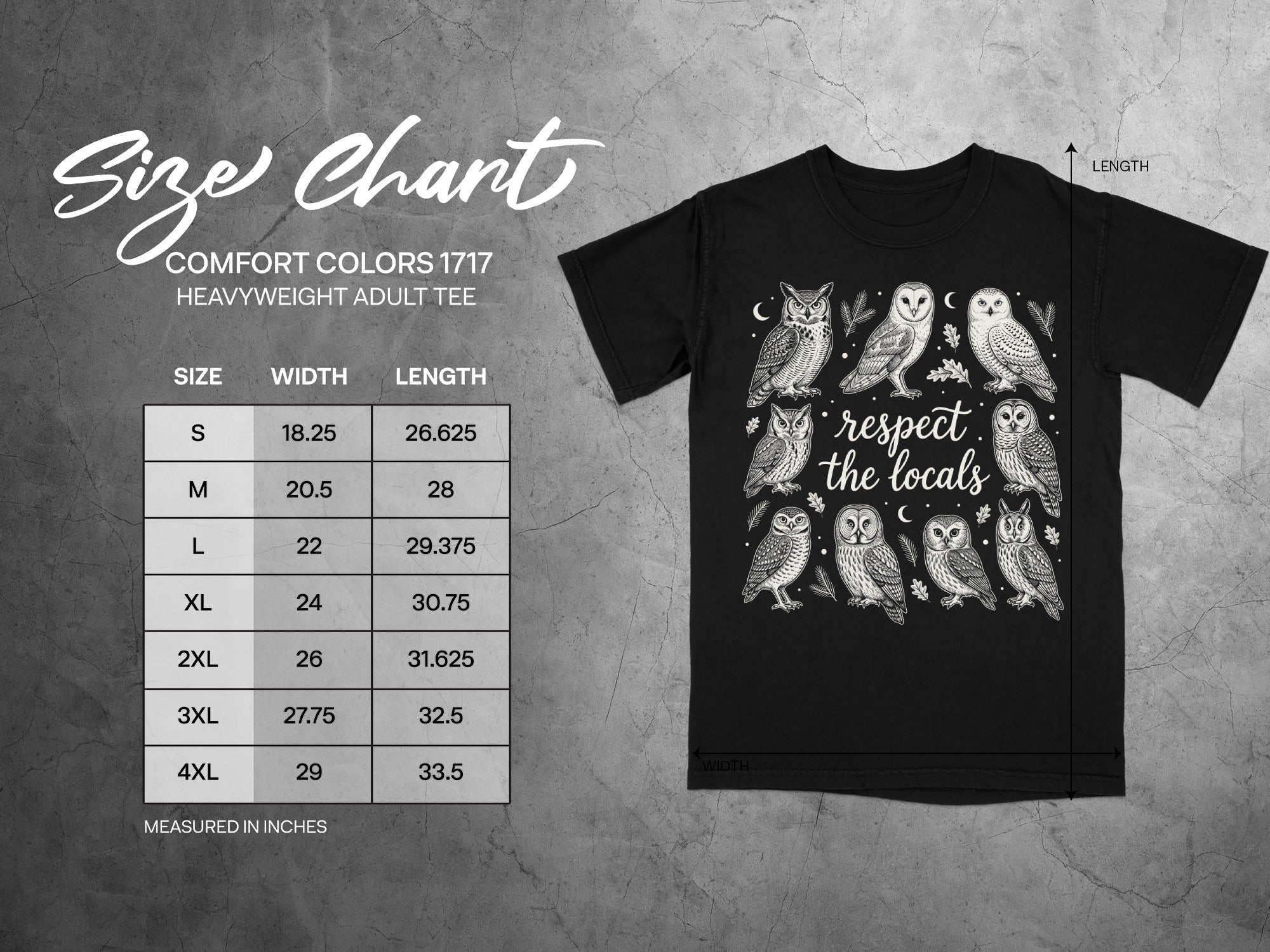 Black t-shirt with owl print and size chart; "respect the locals" text.